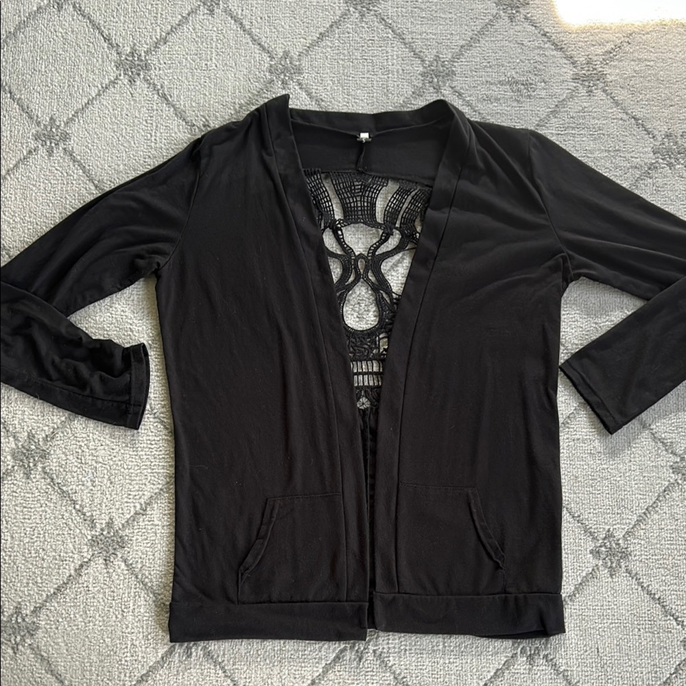 Dreagal Black Open-Front Cardigan with Skull Cut Out on Back
